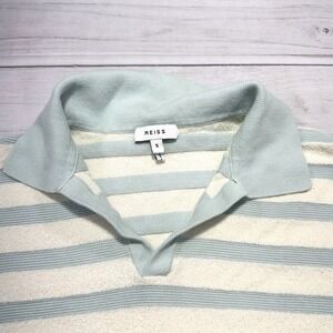 Reiss Polo Shirt Mens Small Ivory Blue Terry Cloth Resort Stripe Short Sleeve